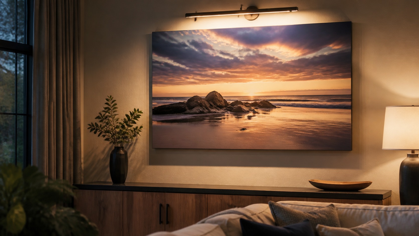 Large canvas print lit by a picture light and warm ambient lamp in a stylish living room.
