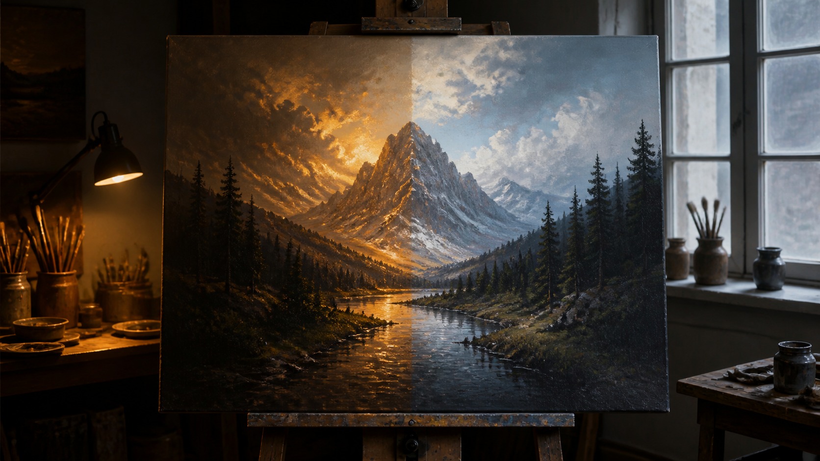 Canvas painting on an easel shown under warm side light and cool daylight in an artist studio.