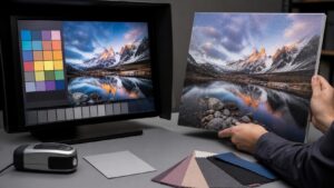 Canvas print compared with a calibrated monitor and color swatches under neutral studio light.