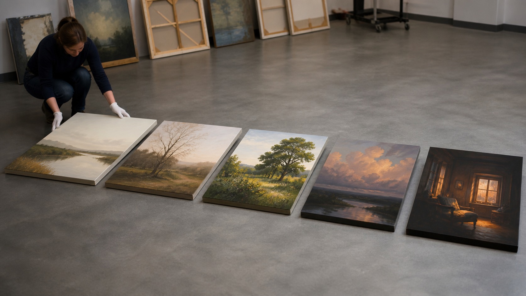 Curator arranging canvas artworks in a visual story sequence on a gallery floor.