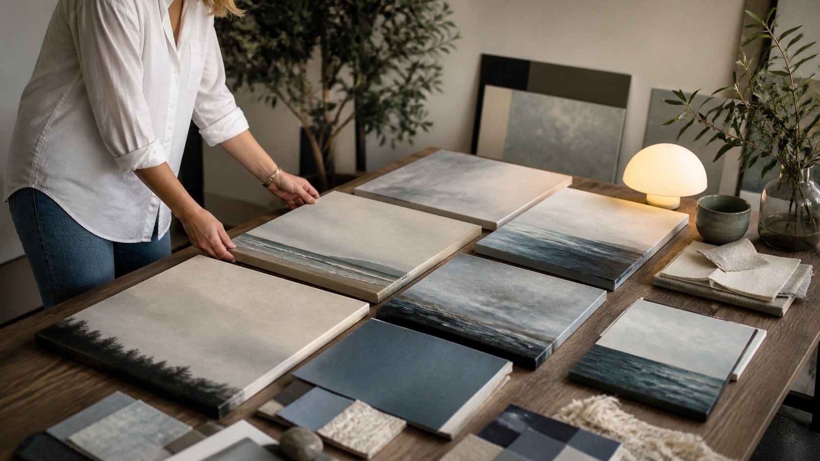 Designer arranging ocean-inspired canvas prints into a cohesive mood-based art collection.