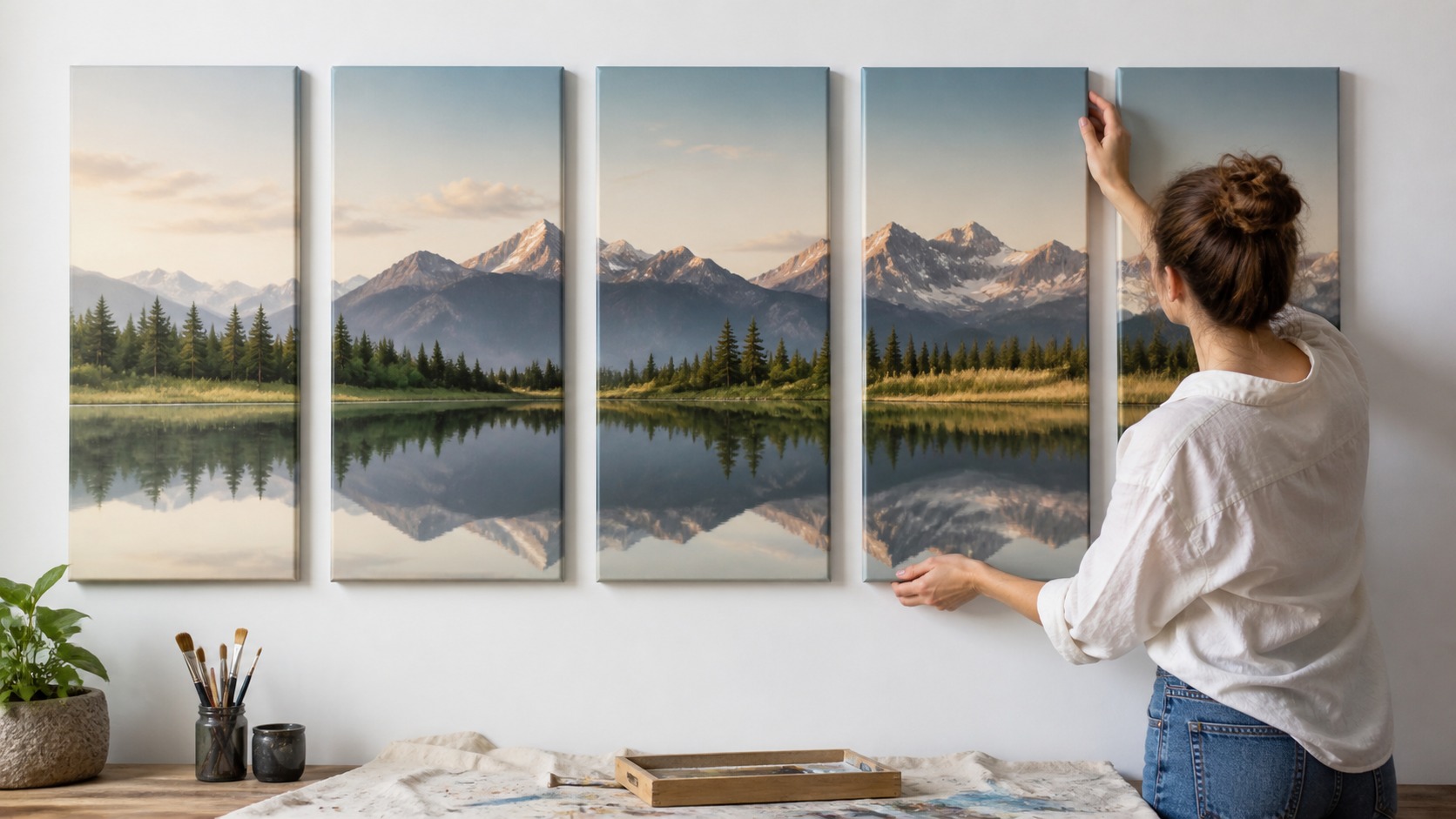 Five narrow canvas panels forming one continuous landscape as an artist adjusts the panel spacing.