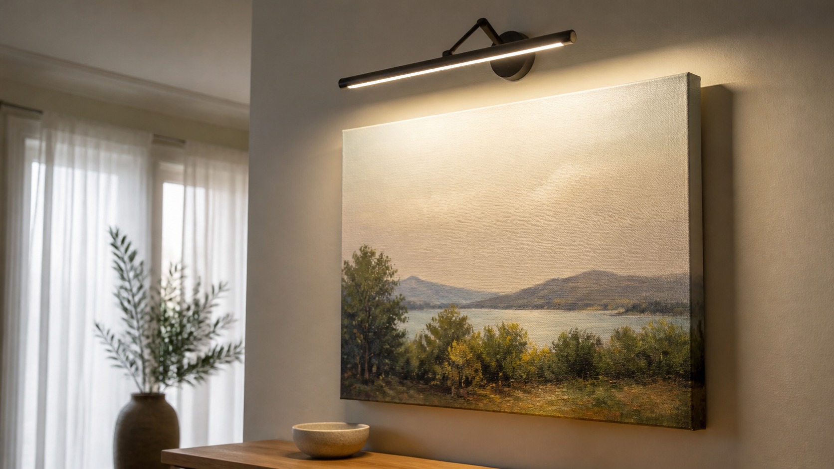 Canvas wall art lit by a low-heat picture light with filtered daylight nearby.