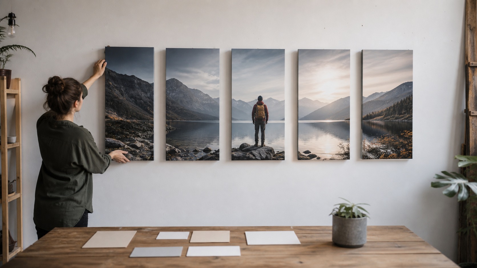 Five canvas panels arranged on a studio wall to form a connected visual story.