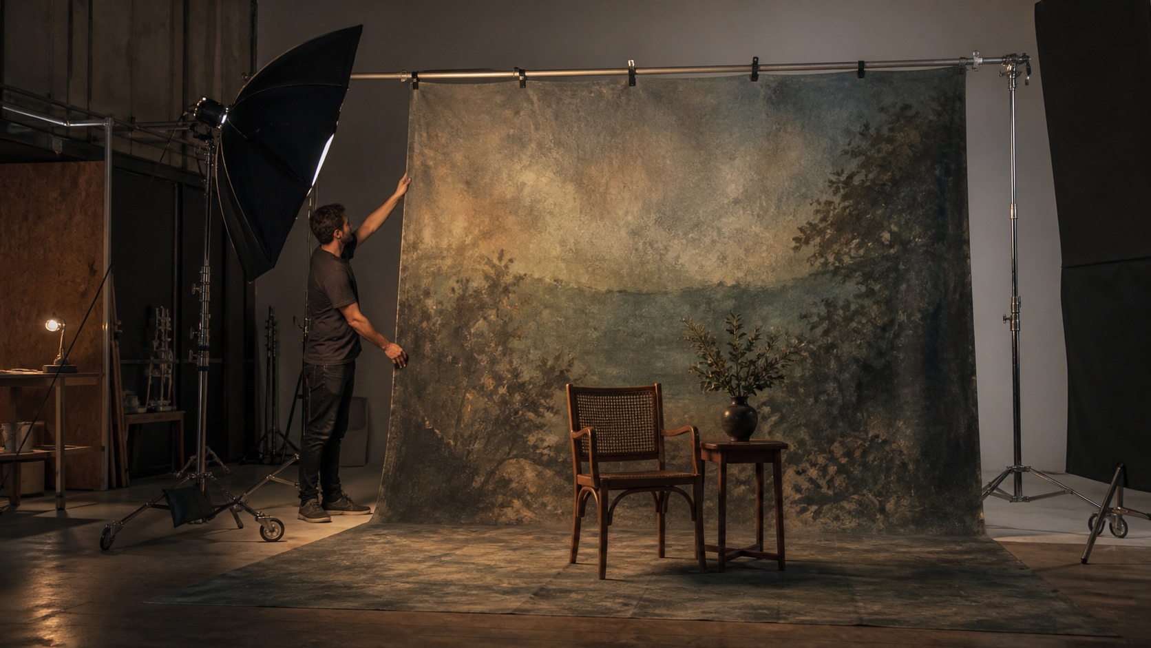 Crew member adjusting a large painted canvas backdrop in a film and photo studio set.