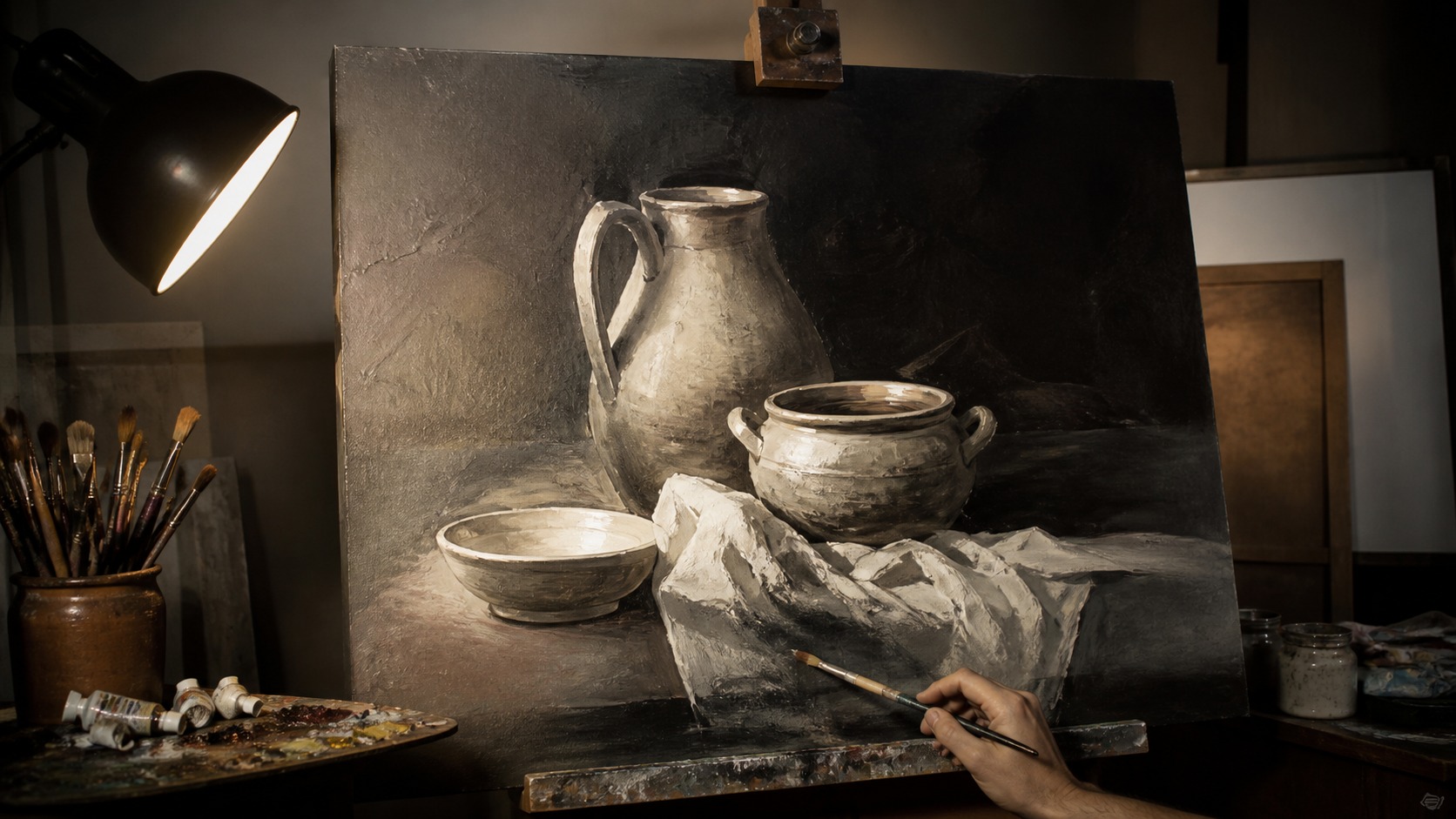 Dramatic still-life painting in progress under a single side light in a painter studio.