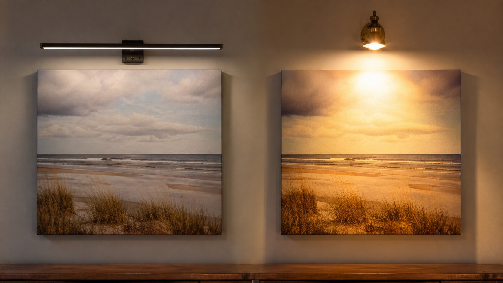 Two canvas prints shown under different LED and halogen-style lights for artwork display comparison.