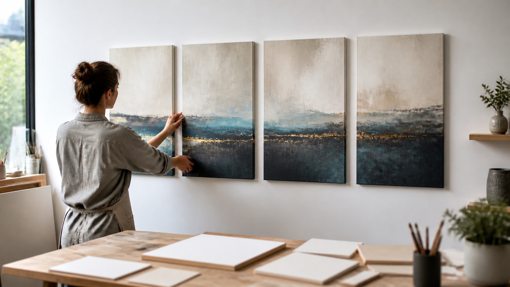 Four connected canvas panels being adjusted on a studio wall with a shared visual motif across them.