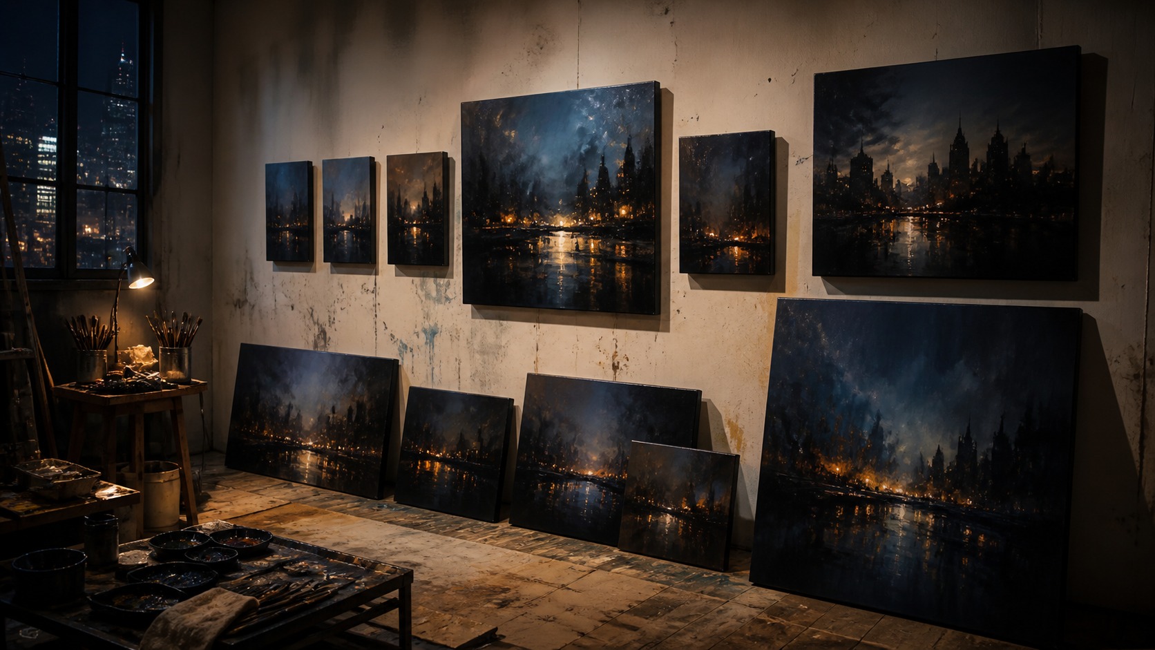 Urban night canvas art series arranged on a studio wall with connected mood and lighting.
