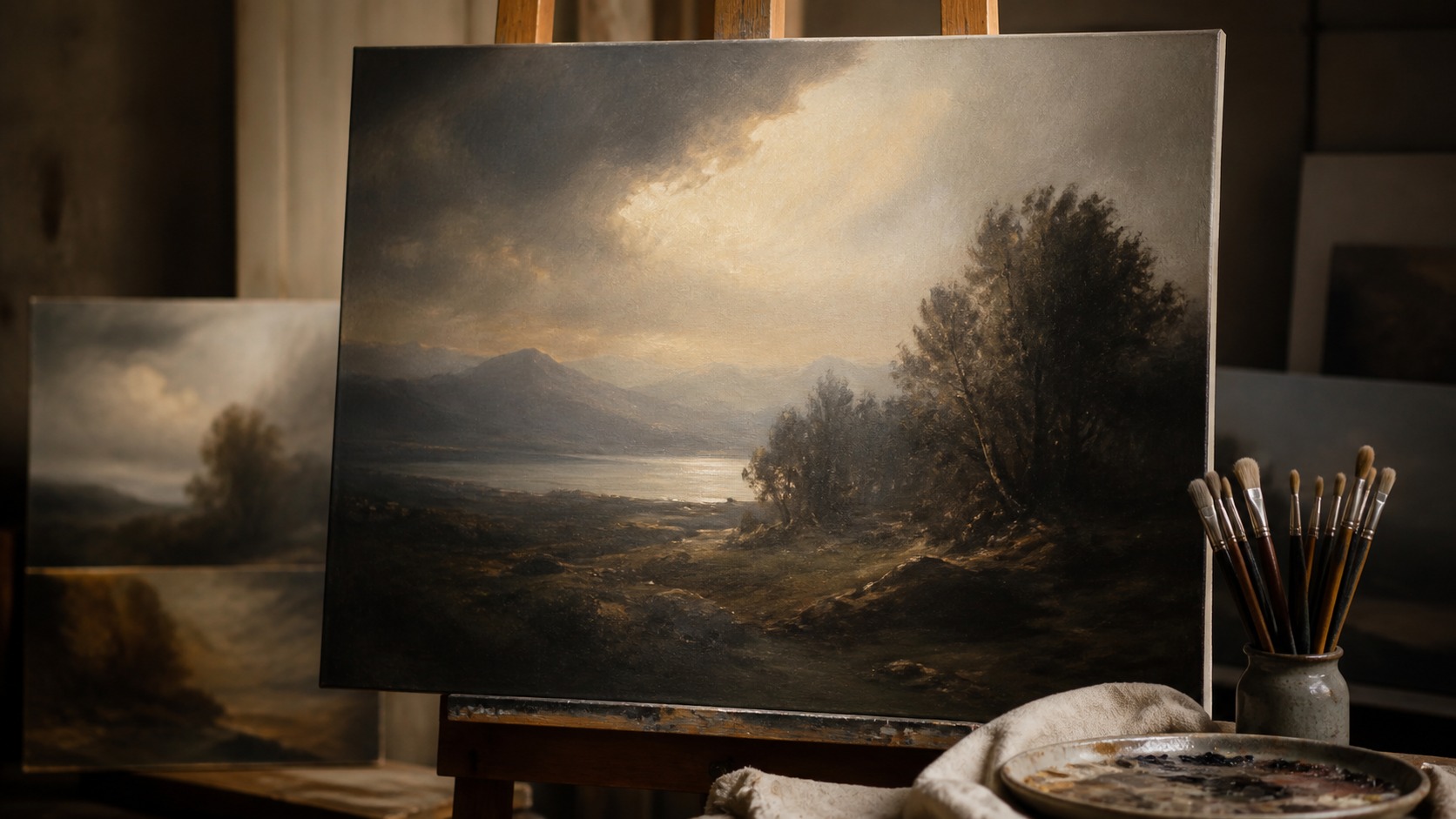 Atmospheric landscape canvas on an easel with soft tonal studies and painter tools in a studio.