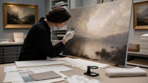 Canvas print color being compared to a calibrated monitor and swatch book in a print studio.